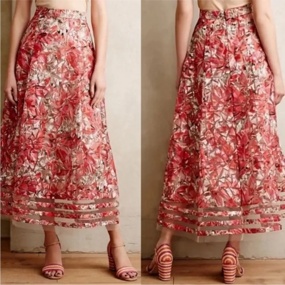 Anthropologie Sachin + Babi Strawberry Hill Tulle Midi Skirt Size 12P